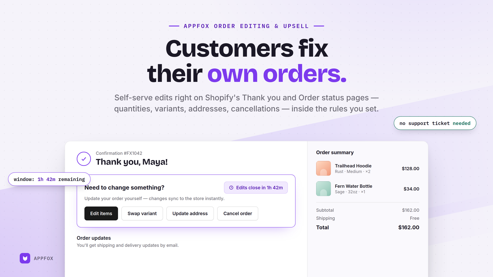 Customer order editing portal with countdown timer