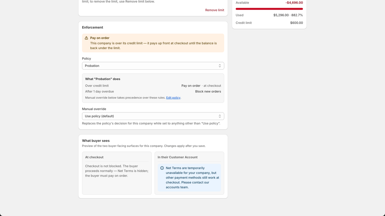 Pay-on-order enforcement and buyer checkout preview