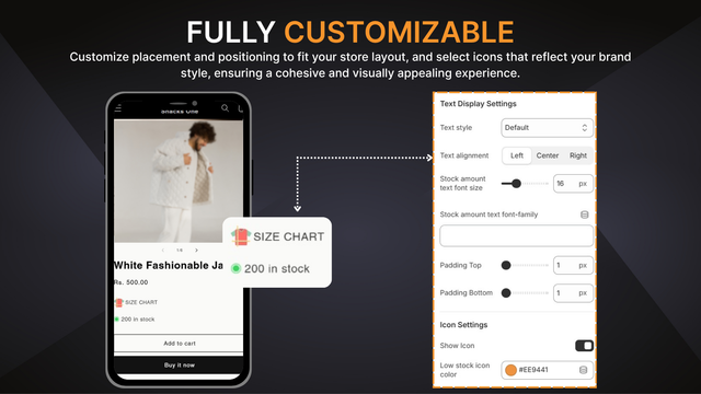 Fully customizable size chart and stock alert settings preview
