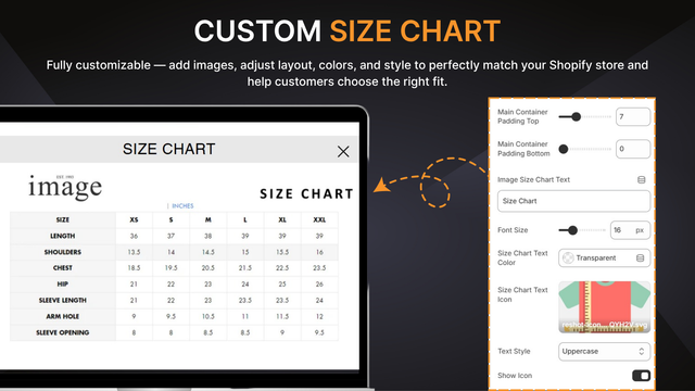Fully customizable size chart and stock alert settings preview
