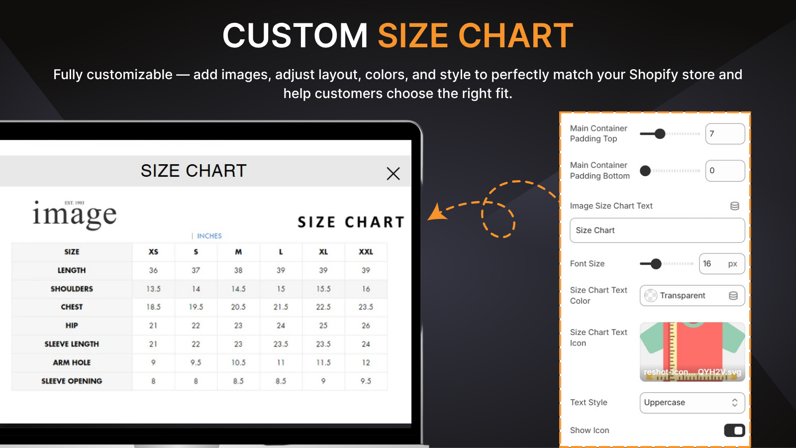Fully customizable size chart and stock alert settings preview
