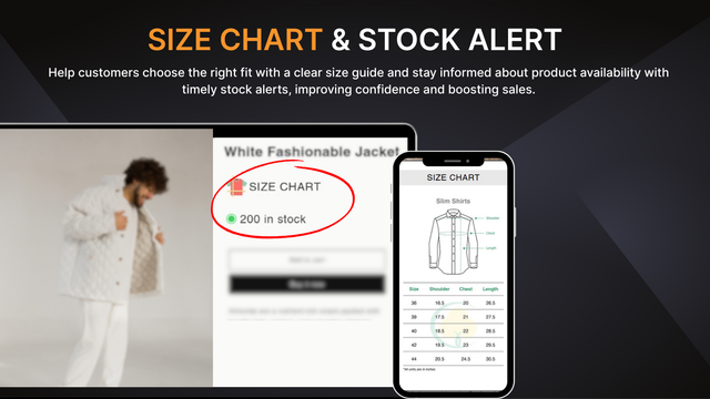 Size chart and stock alert feature for clothing store display