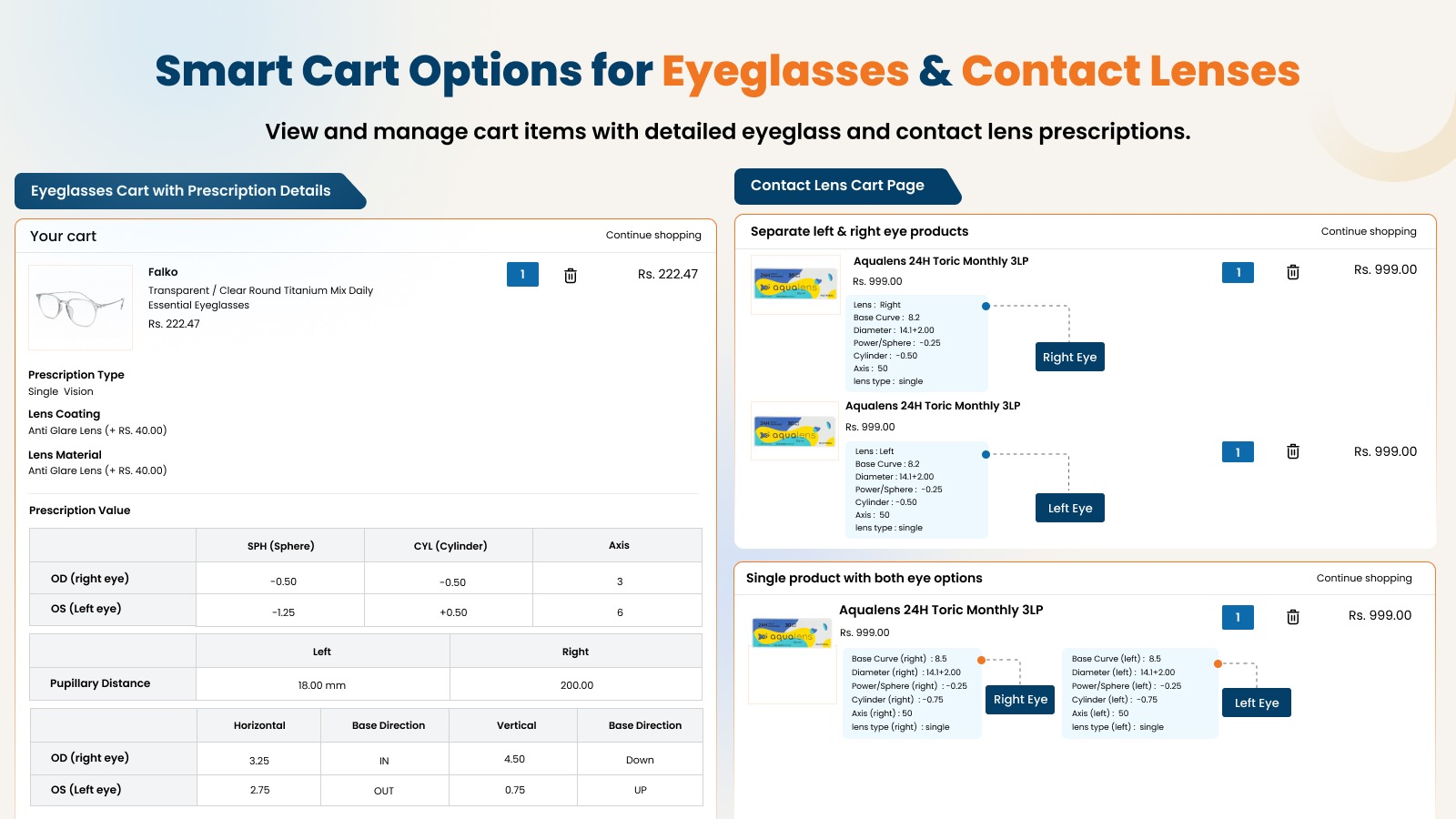 Advanced cart options for contact lenses & glass with RX support
