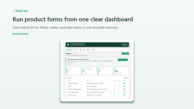 Shopify product options app dashboard for custom fields