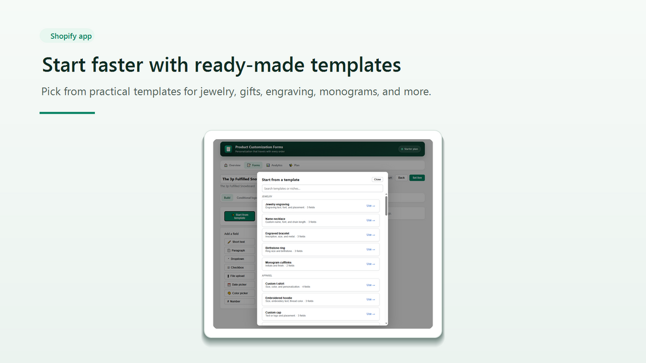 Shopify product options templates for custom forms and fields