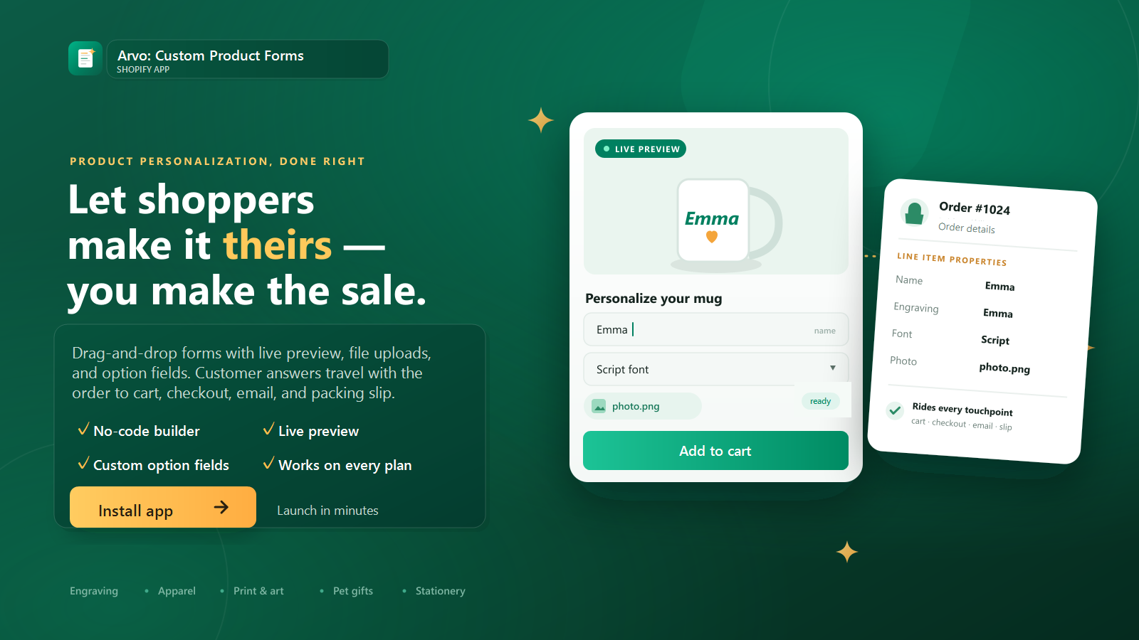 Product customization form with custom text and upload fields