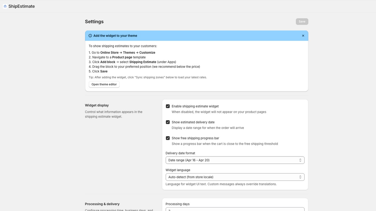 Widget settings with delivery config and cutoff time