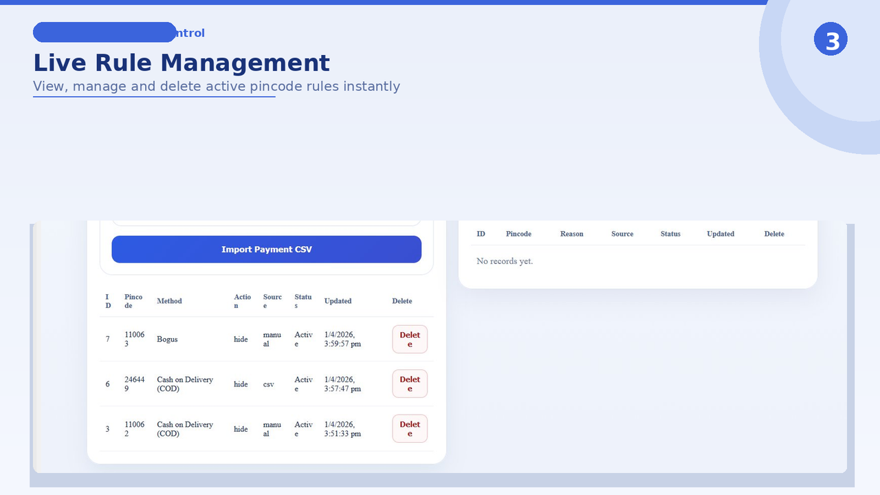 Live Rule Management - View, manage and delete active pincode pa