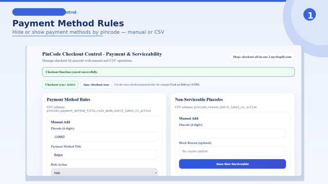 Payment Method Rules - Hide or show payment methods by pincode m