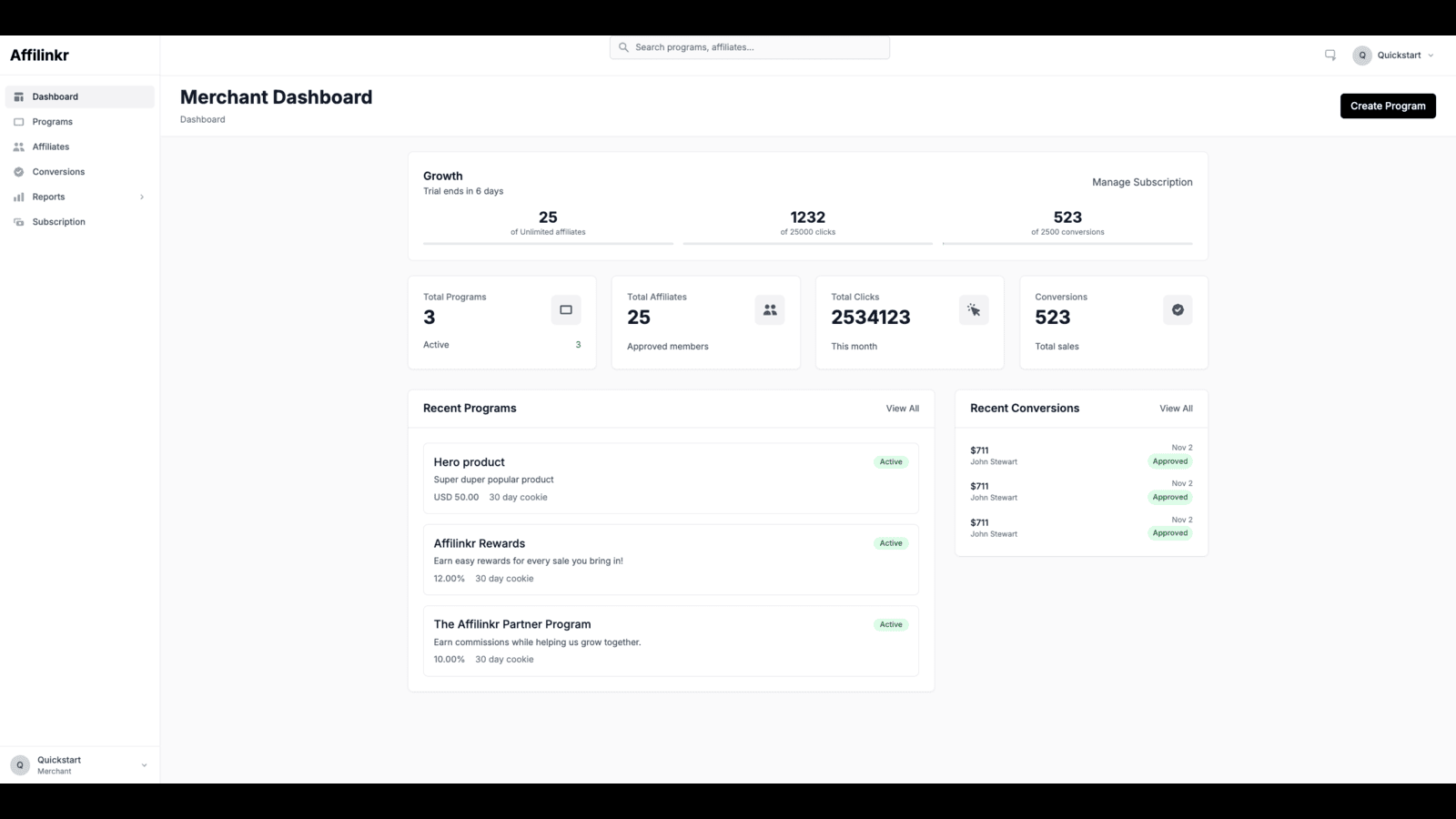 Affiliate dashboard showing earnings, clicks, and conversion me!