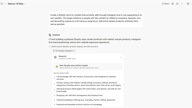 Manus builds a complete Shopify storefront from a single prompt