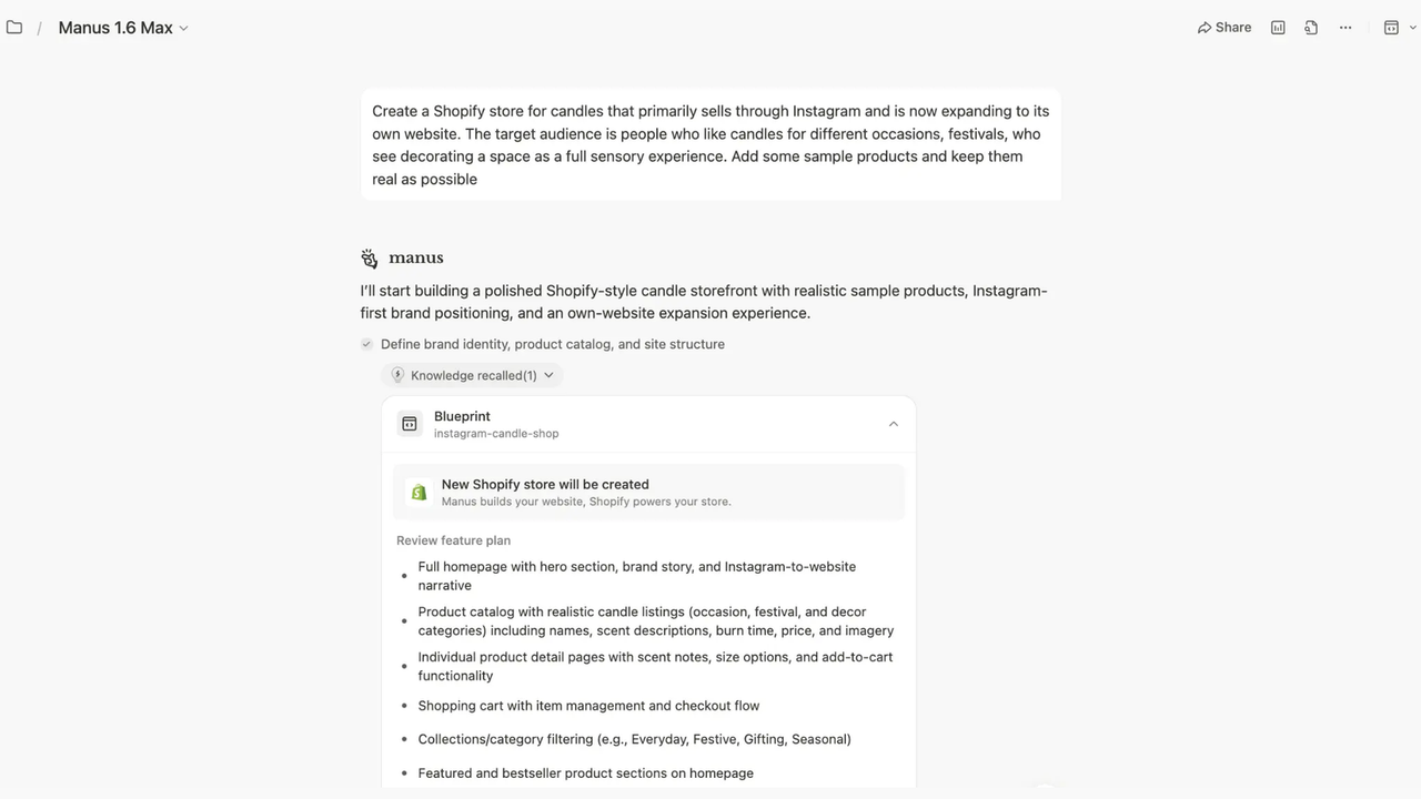 Manus builds a complete Shopify storefront from a single prompt