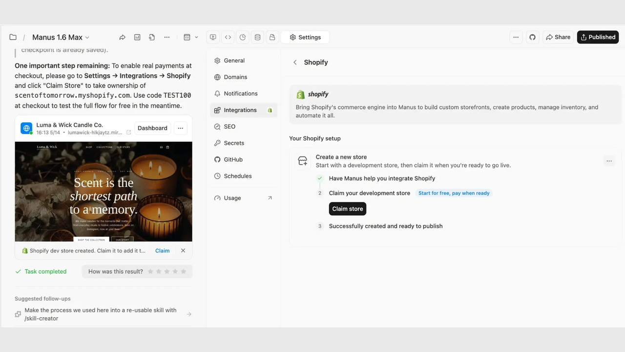 One-click store claiming from Manus Integrations