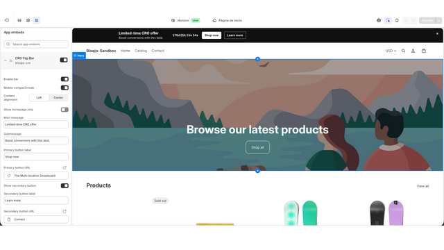 Theme Editor settings for top bar message CTA and countdown