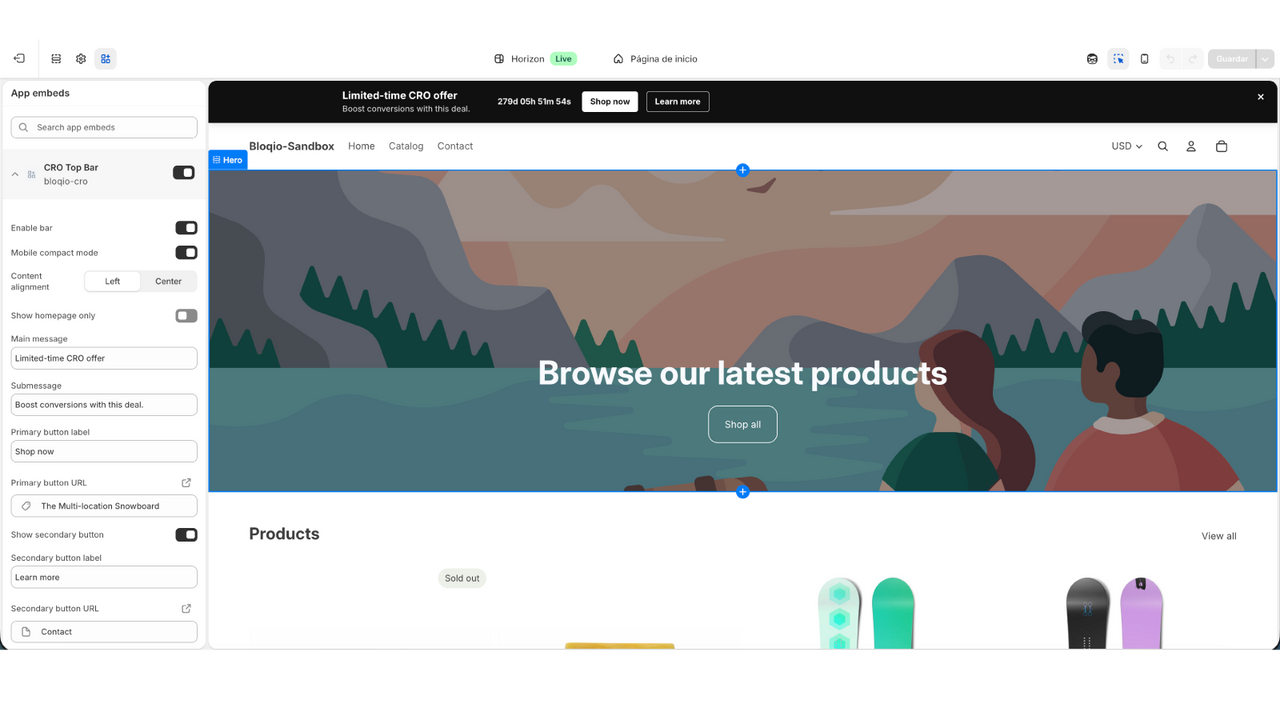 Theme Editor settings for top bar message CTA and countdown
