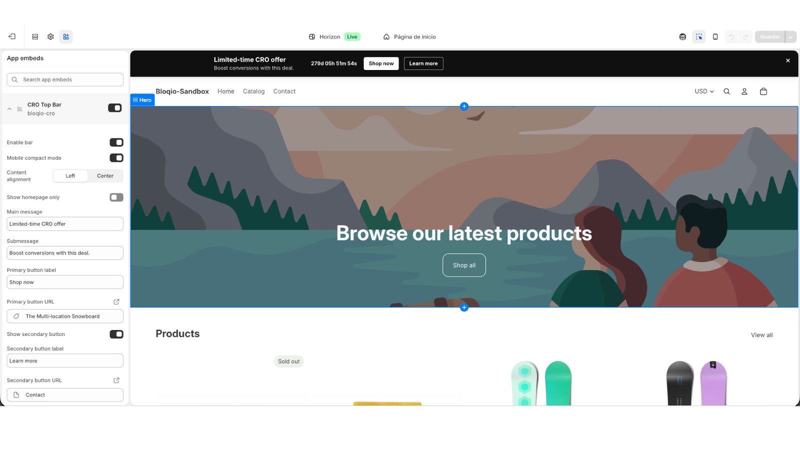 Theme Editor settings for top bar message CTA and countdown