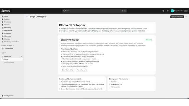 App dashboard with setup guide and top bar overview