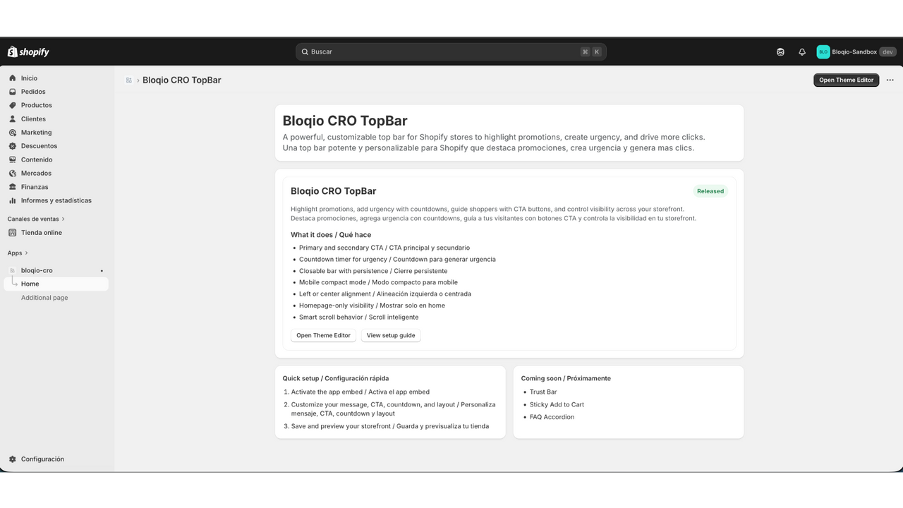 App dashboard with setup guide and top bar overview