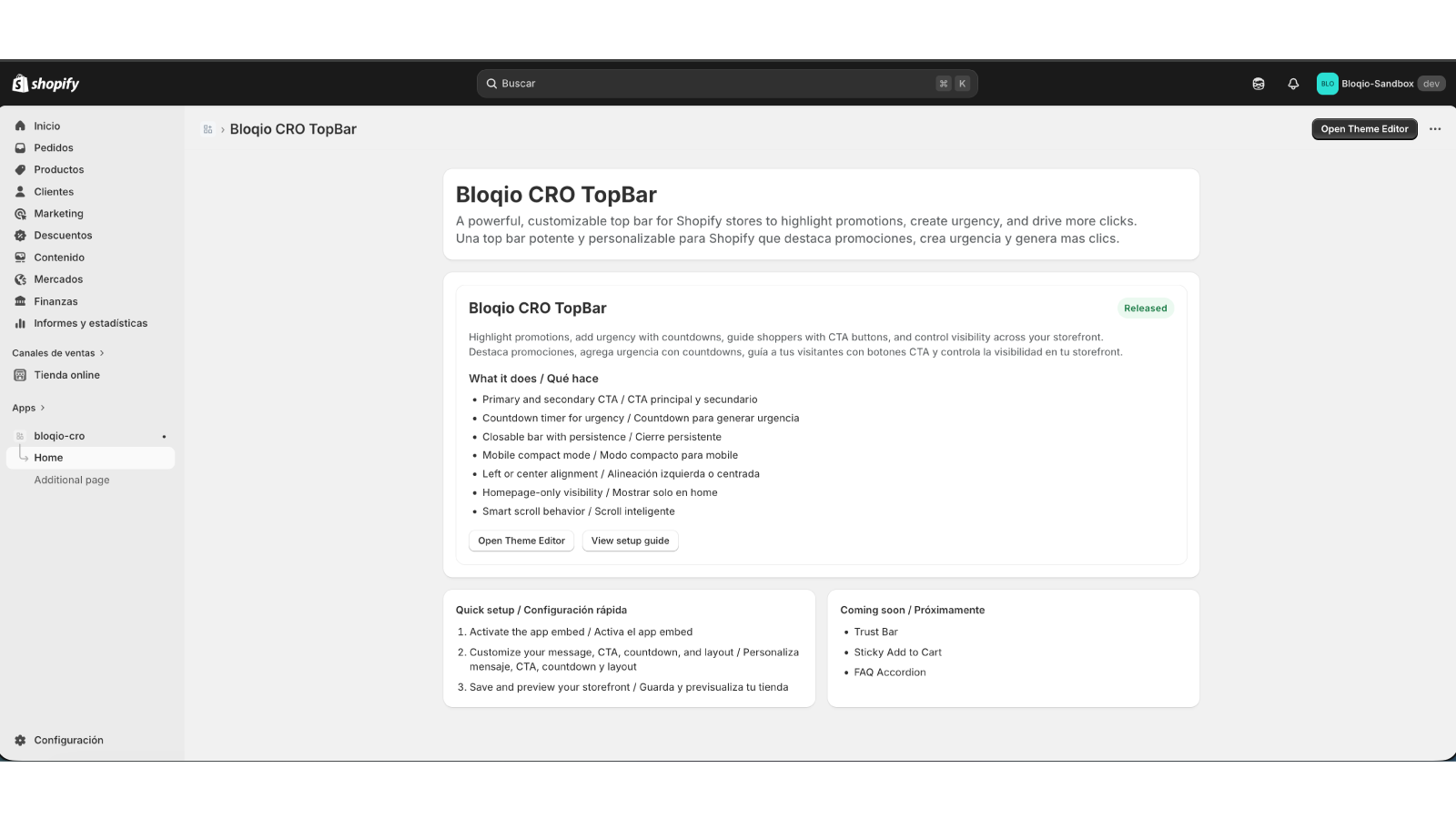 App dashboard with setup guide and top bar overview