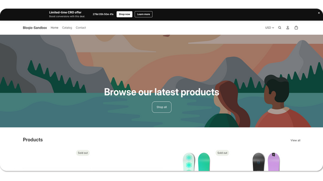 Storefront top bar with CTA buttons and countdown timer