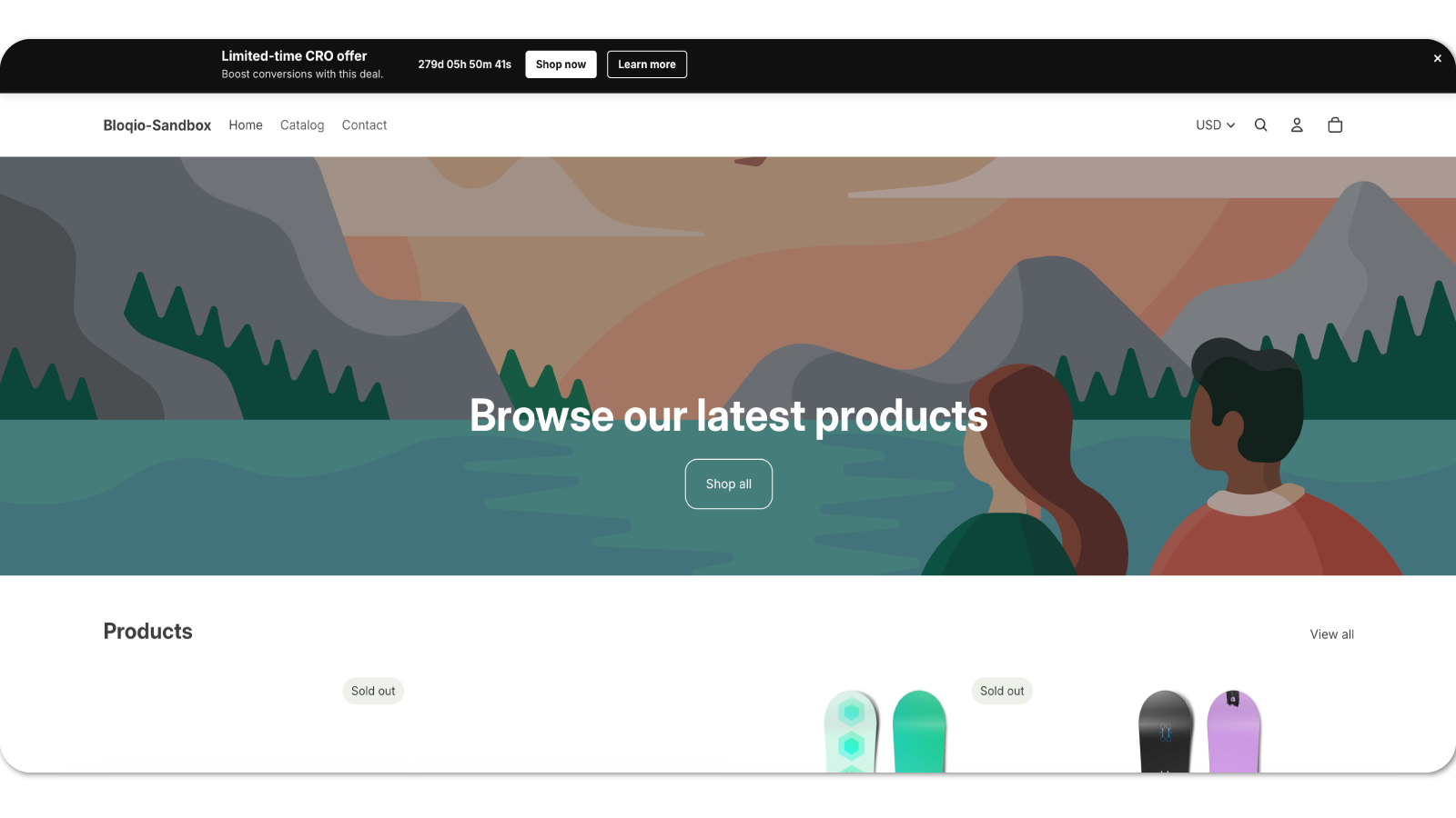 Storefront top bar with CTA buttons and countdown timer