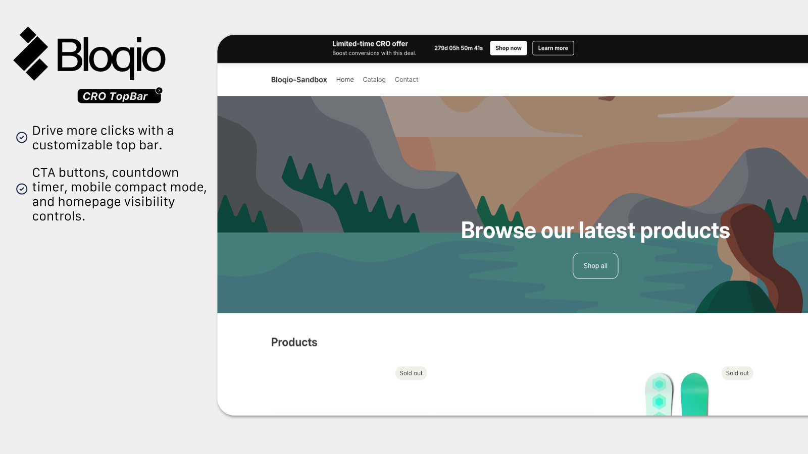 Bloqio CRO TopBar storefront preview with CTA buttons
