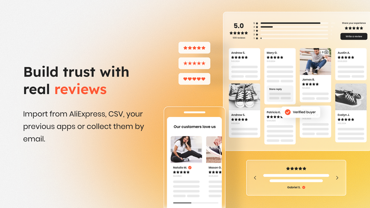 Product reviews. Import from AliExpress, CSV or email