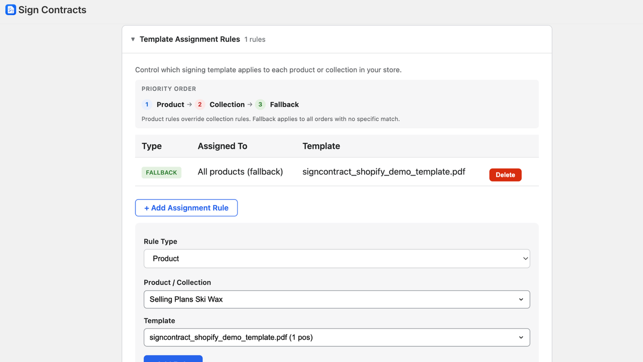 Assign contract templates to products