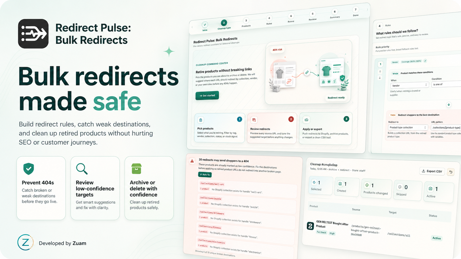 Merchant dashboard showing products being retired and redirected