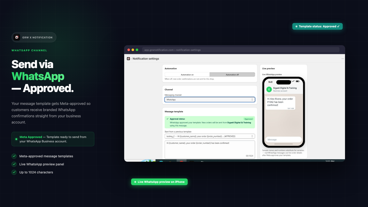 WhatsApp confirmation setup with template and approval