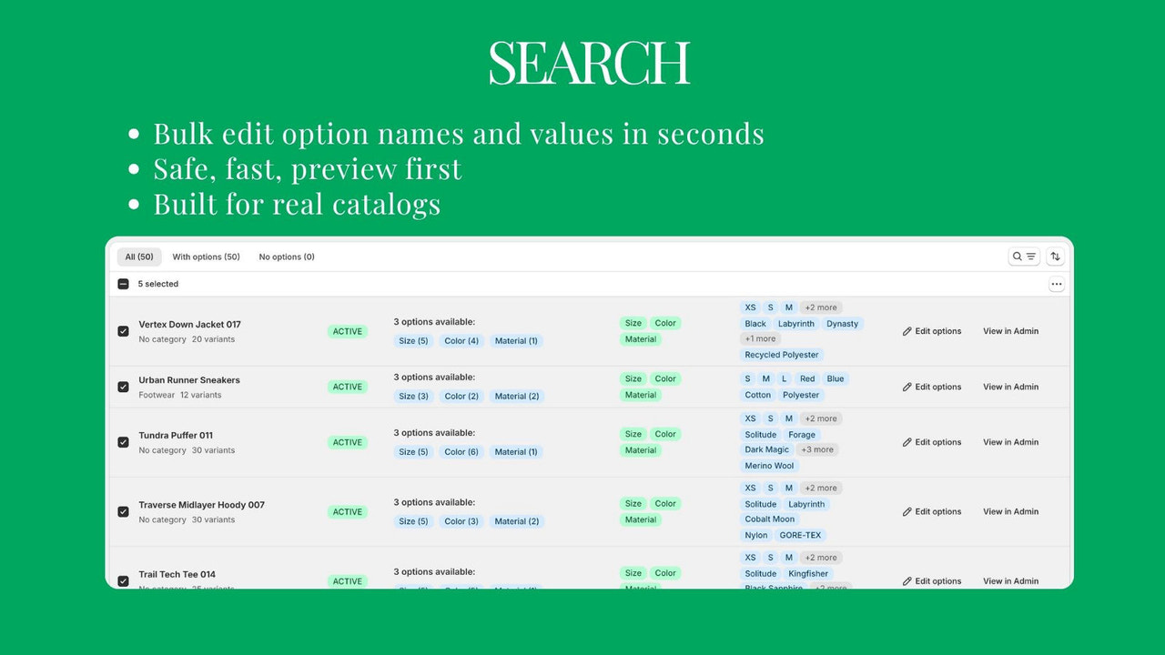 Product list with search, filters, and variant option display