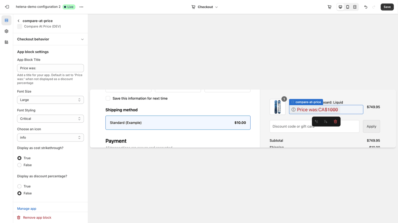 WF - Compare At Amount App using custom label text and styles