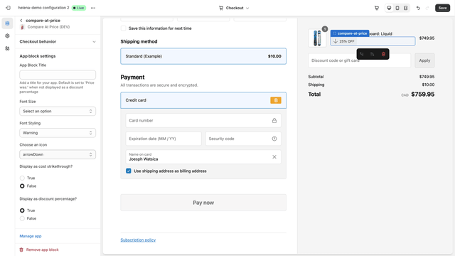Showing WF - Compare At Amount App as a discount percentage