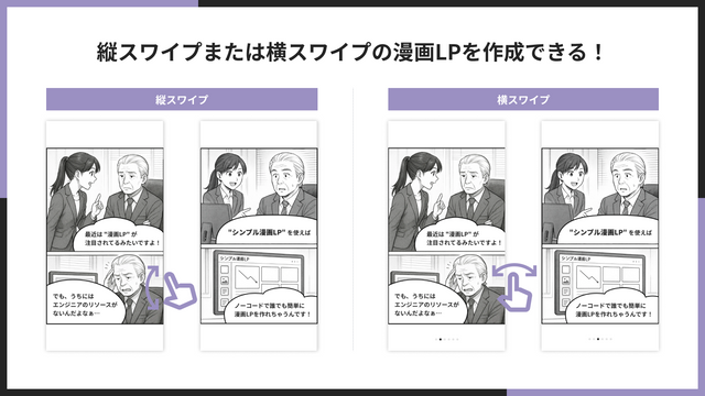 縦スワイプまたは横スワイプの漫画LPを作成できる！