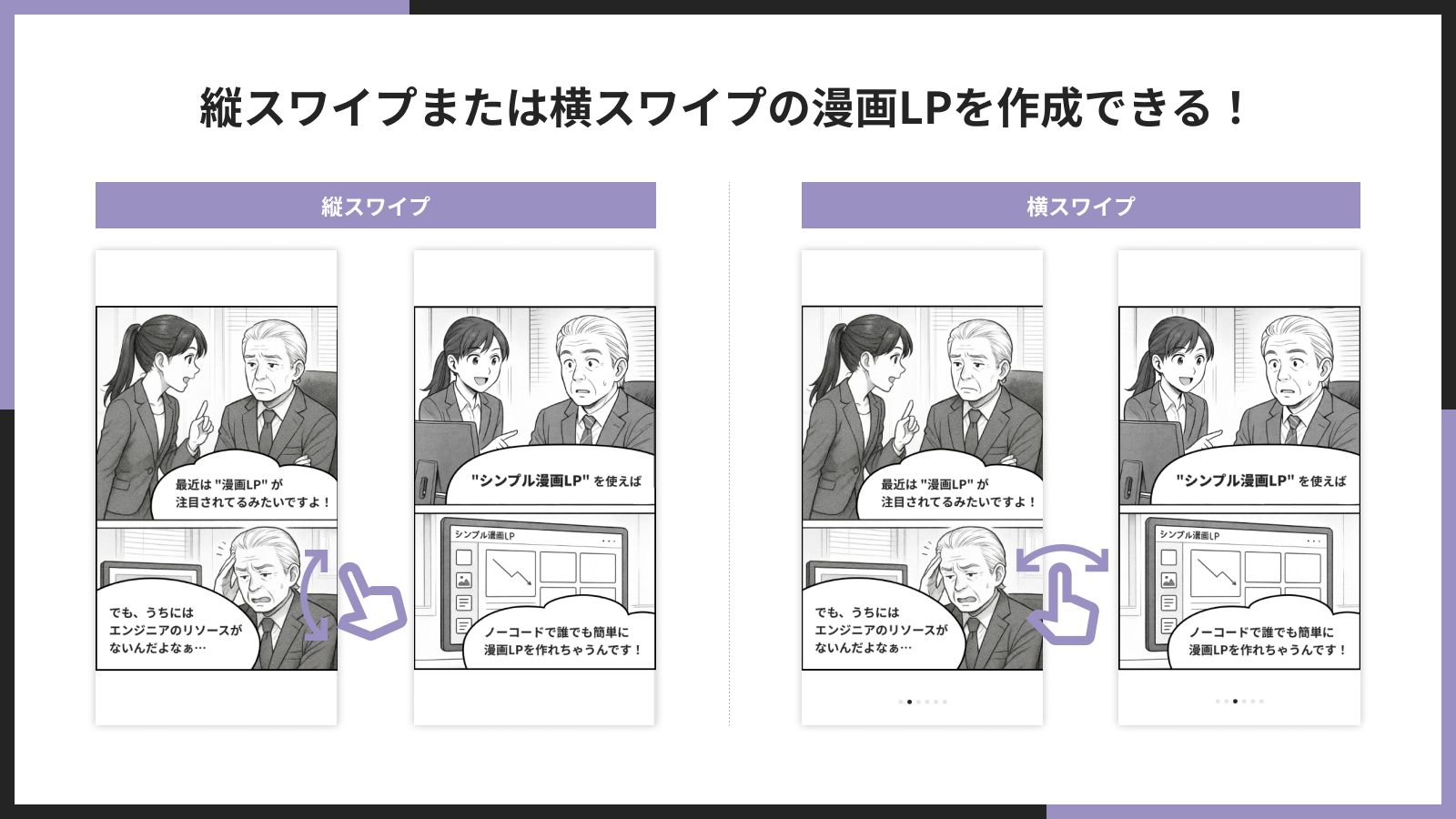 縦スワイプまたは横スワイプの漫画LPを作成できる！