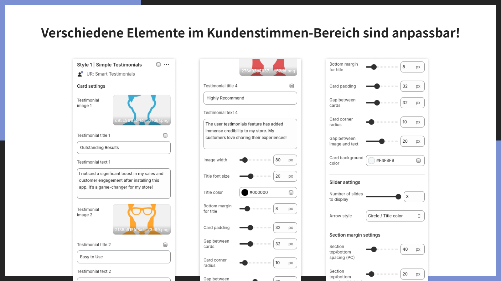 Verschiedene Elemente im Kundenstimmen-Bereich sind anpassbar!