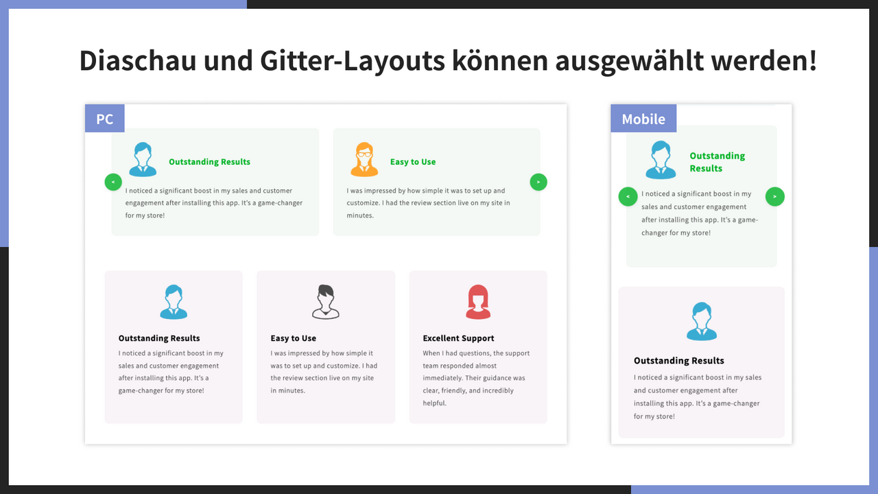 Diaschau und Gitter-Layouts können ausgewählt werden!