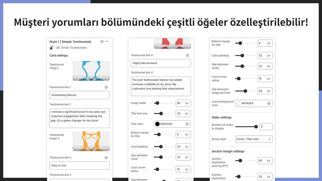 Müşteri yorumları bölümündeki çeşitli öğeler özelleştirilebilir!