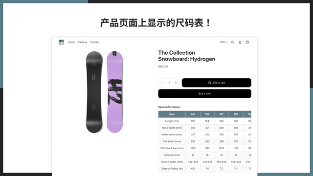 产品页面上显示的尺码表！