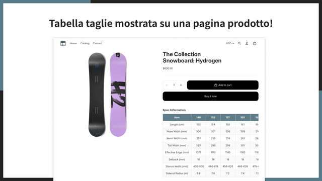Tabella taglie mostrata su una pagina prodotto!