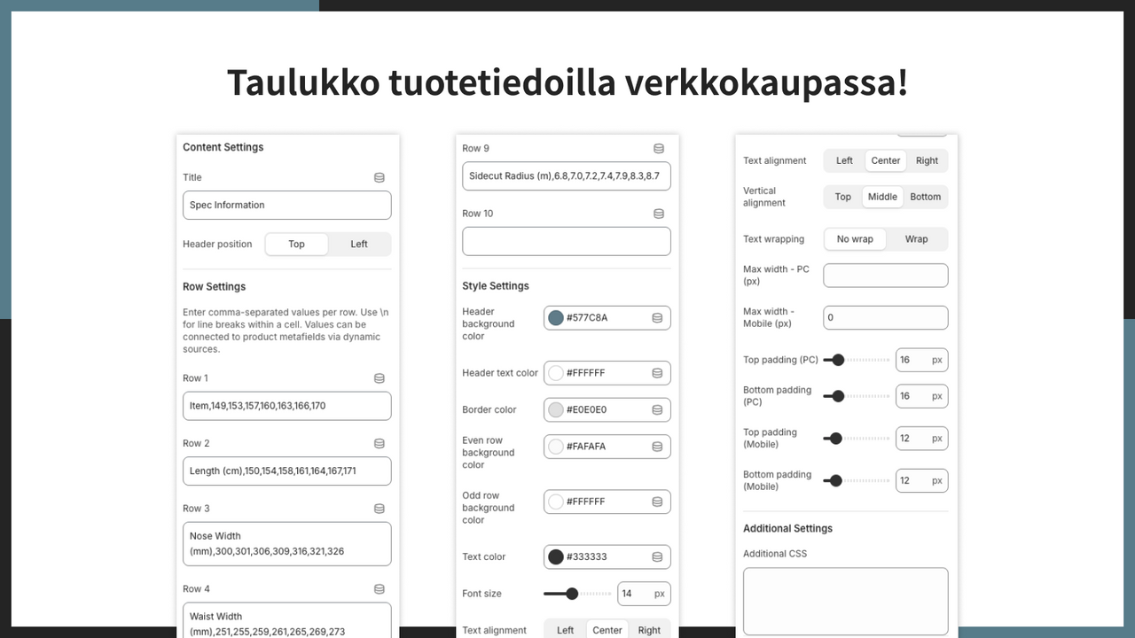 Taulukko tuotetiedoilla verkkokaupassa!