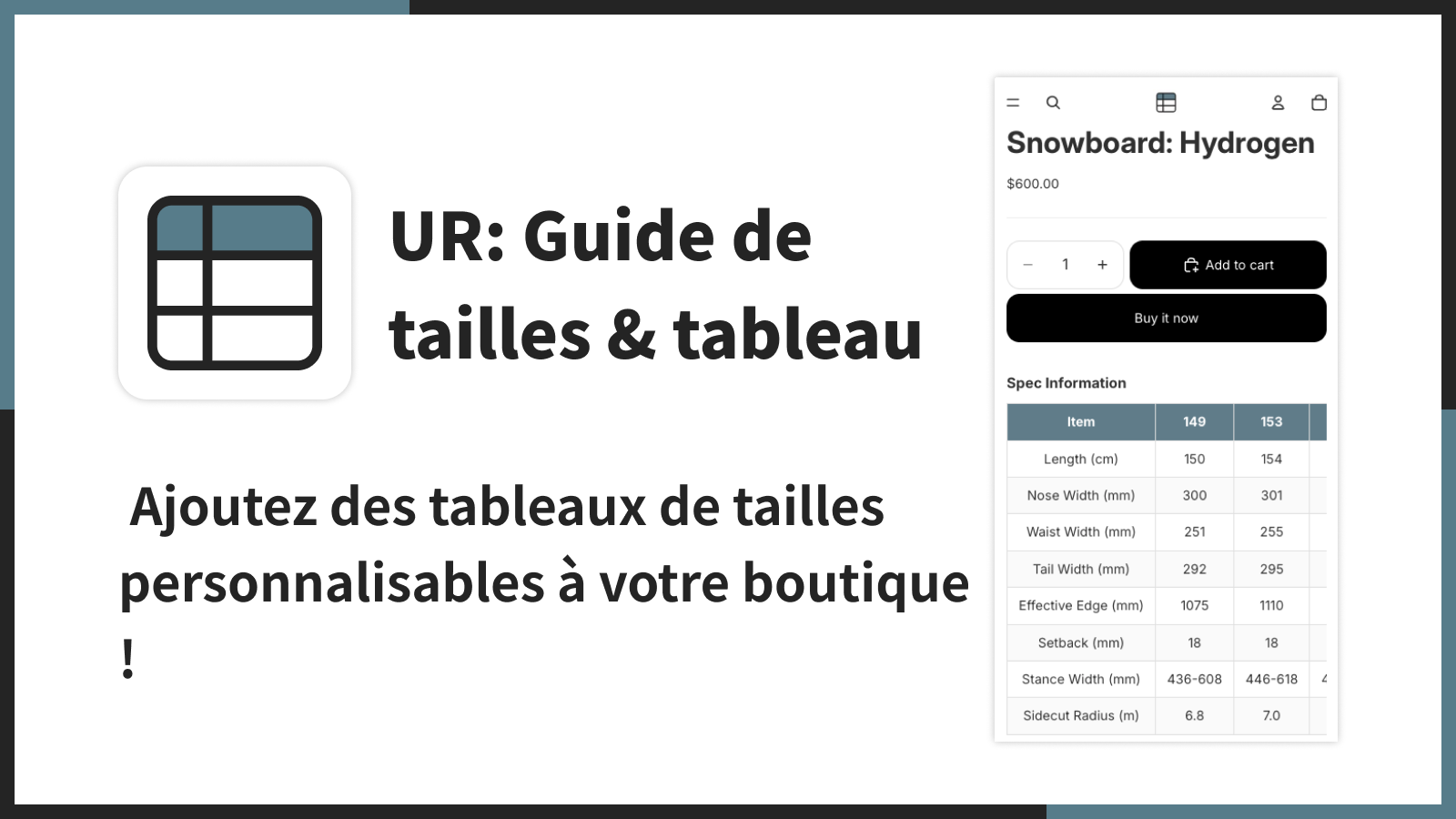 Ajoutez des tableaux de tailles personnalisables à votre boutiqu
