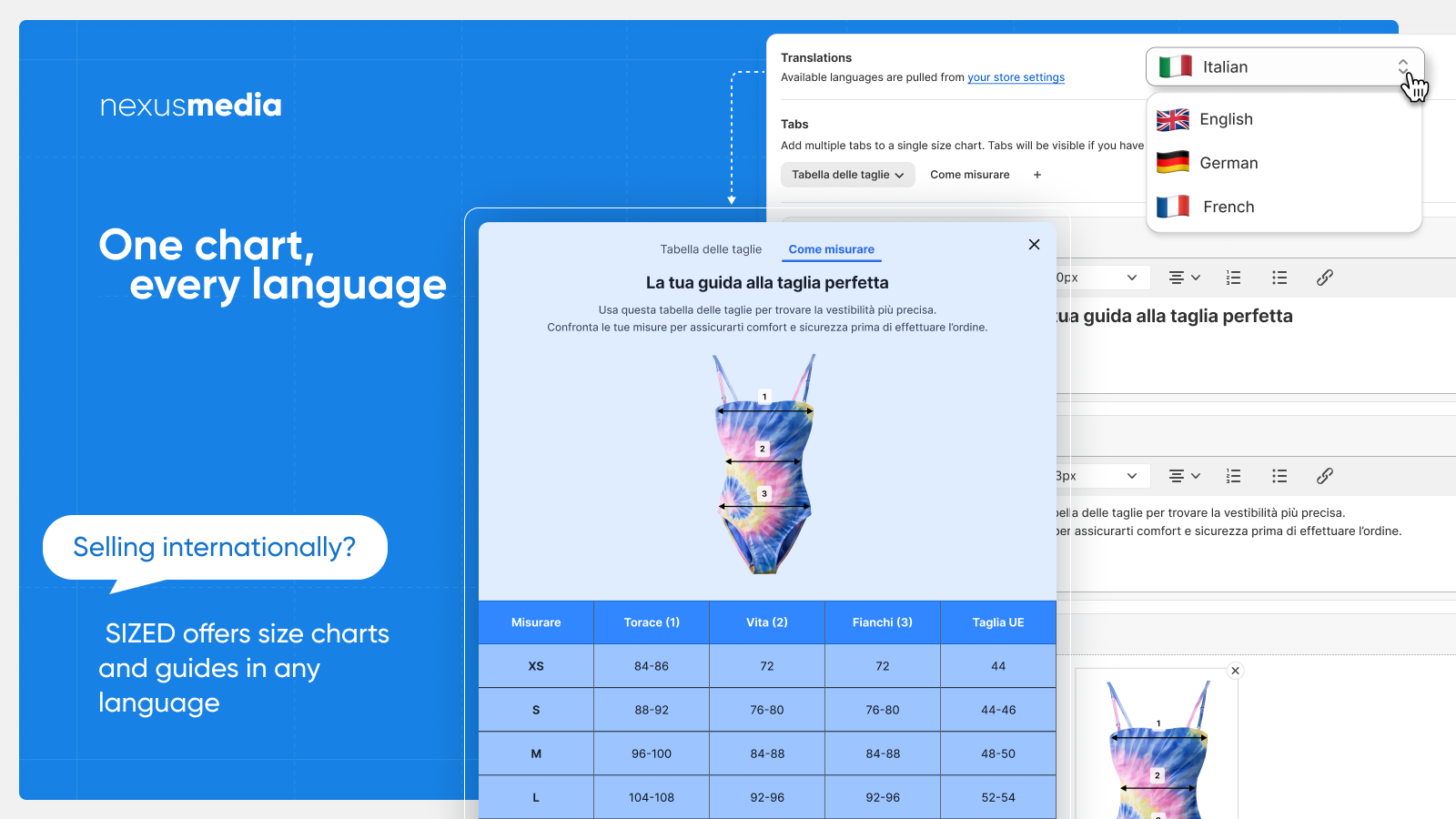Tablas de tallas multilingües