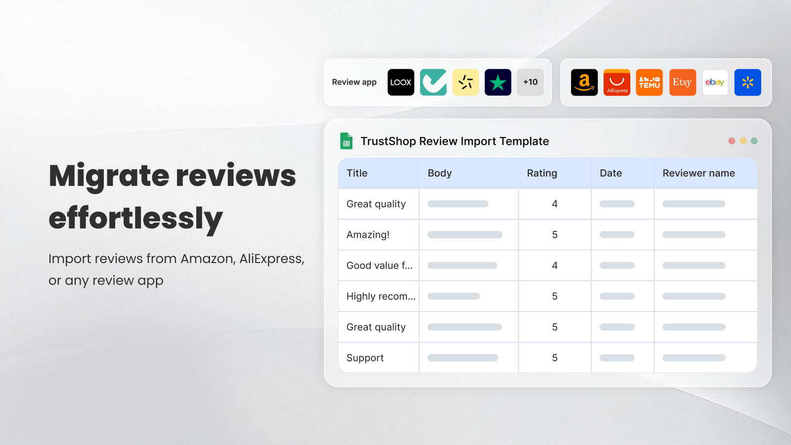Temu, Walmart, eBay, Etsy, Amazon, AliExpress review importer