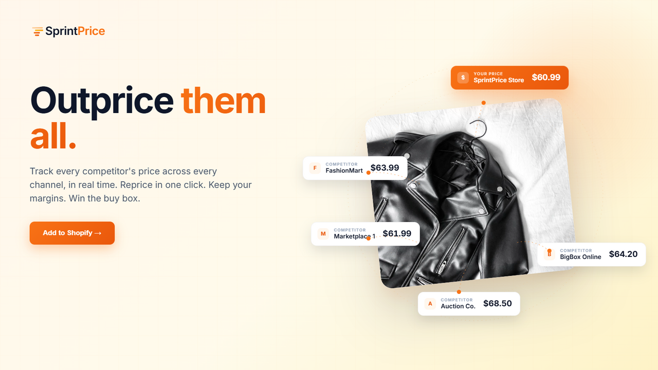 Product with live competitor price tags, your price lowest