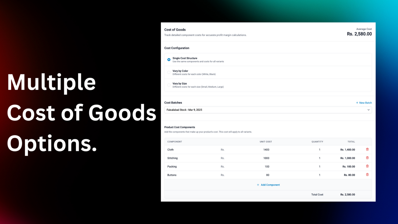 multiple cost of goods options in pozify