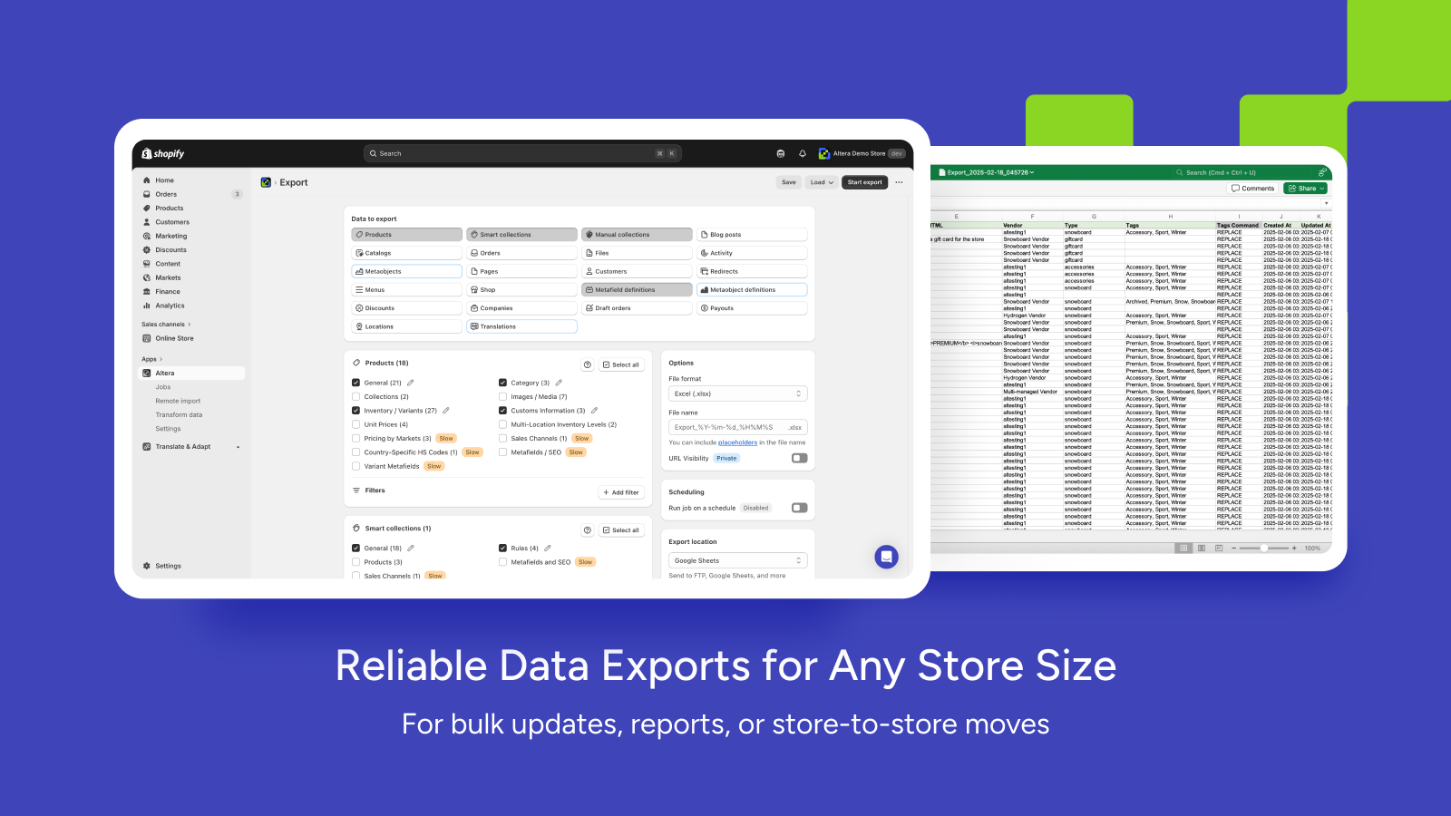 Bulk export Shopify products, orders, and metafields to Excel.