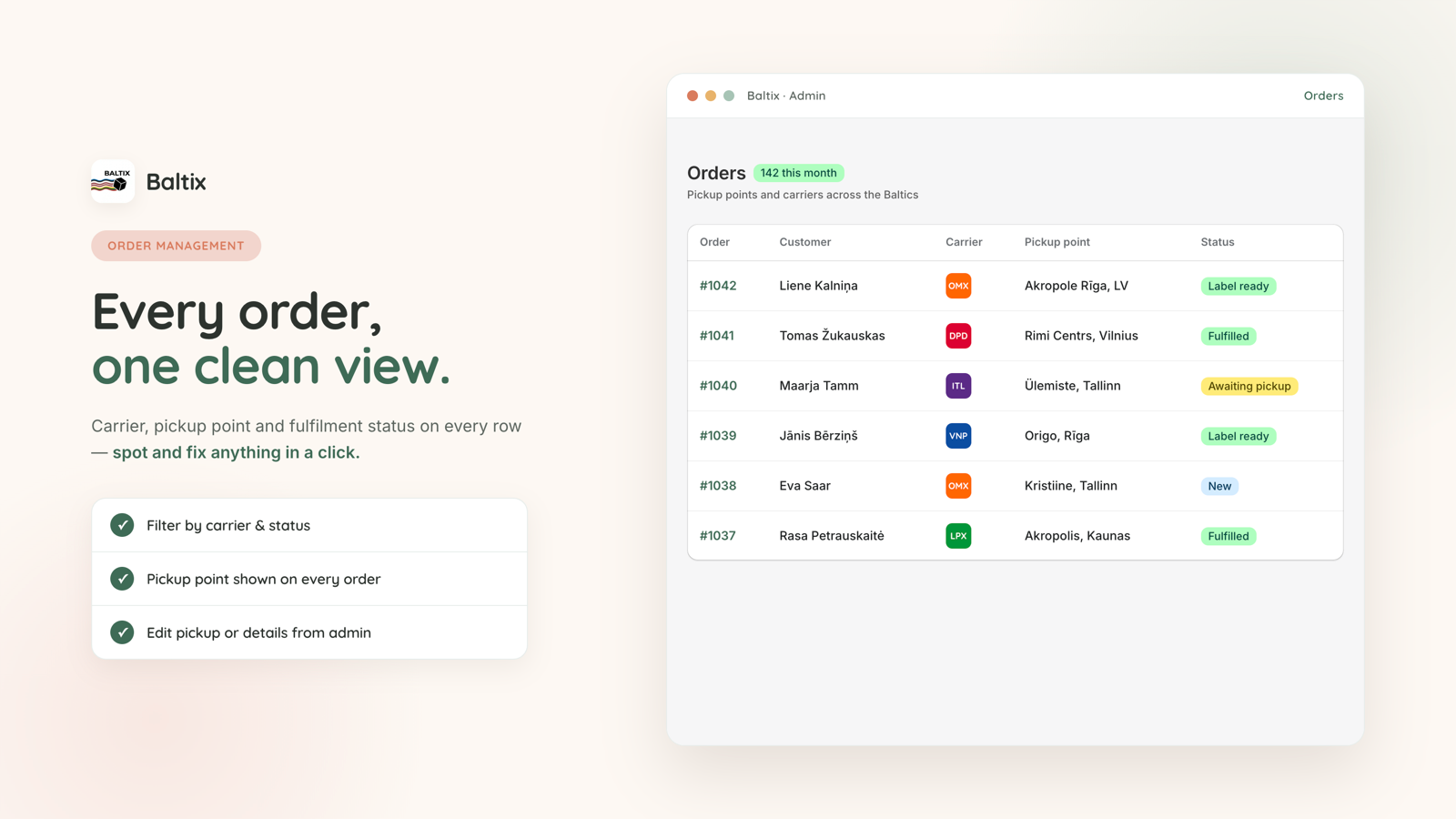 Orders dashboard with carrier and pickup point status