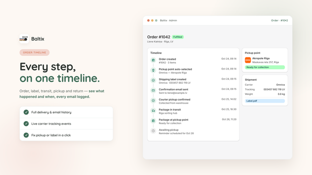 Order timeline: label, transit, pickup, delivery