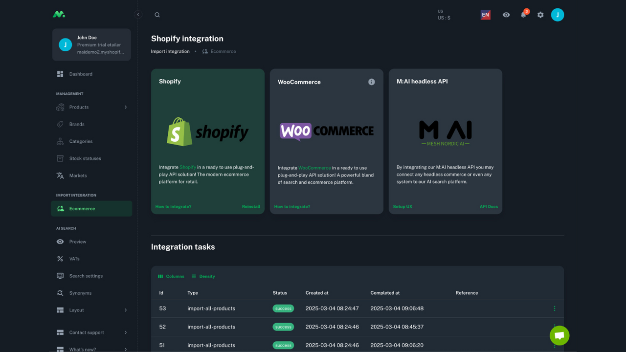 M:AI admin - Shopify integration is active